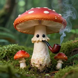 super realistic, trip, mushrroom with cartoon eyes smoking a pipe in the jungle, highly detailed