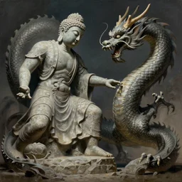 a Buddha made of stone fighting a dragon, action painting, dramatic lighting, illustration by Greg rutkowski, yoji shinkawa, 4k, digital art, concept art, trending on artstation