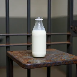 bottle of milk over a rusted metal table inside a jail cell