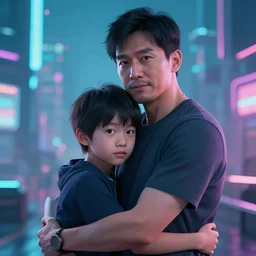 portrait of father and son embracing, cyberpunk 4 k