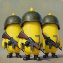 army of lemon characters with military helmets and guns, hd, oil painting, blank face