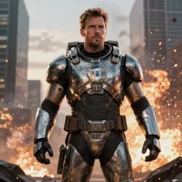 VFX movie still frame portrait powerful DC vs. Marvel hero rugged space marine natural skin, hero pose, natural evening light in the city exploding skyscrapers war zone by Emmanuel Lubezki