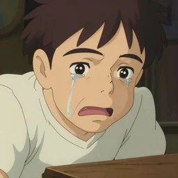 a 50 year old brunnete chinese man with puffy cheeks bursting in tears on the floor, close up shot, anime art, Greg Rutkowski, studio ghibli, dramatic lighting