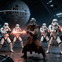 an action photography, long - shot, split lighting, sigma 8 5 mm f / 1. 4, of a jedi knight defending against imperial stormtroopers firing blaster bolts, inside the death star, from the empire strikes back, award - winning art, digital art, trending on artstation concept art, pictorialist, realistic, 4 k photoshopped image, detailed picture, high - quality, in the style of robert capa