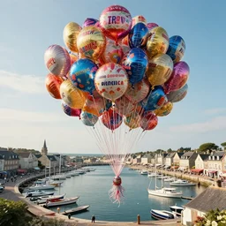 photo of a lot of birthday balloons floating above a beautiful maritime port in bretagne. sharp focus, highly - detailed, award - winning, epic cinematic