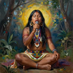 a beautiful realistic painting of an indigenous shipibo shaman sitting and singing, full body, mysterious atmosphere, vibrant colors, fantasy art style