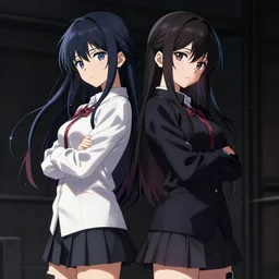 2 anime girls standing back - to - back, dramatic pose, pixiv, highly detailed