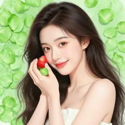 the portrait of an absurdly beautiful, graceful, elegant, chaste, young woman made of strawberries and green petals smiling, an ultrafine detailed illustration by kim jung gi, irakli nadar, intricate linework, bright colors, octopath traveler, final fantasy, angular, unreal engine 5 highly rendered, global illumination, radiant light, detailed and intricate environment