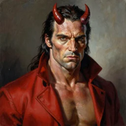 ultra realistic portrait painting of tom selleck as hellboy, art by frank frazetta, 4 k, ultra realistic, highly detailed, epic lighting