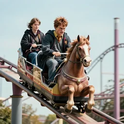 angry harry potter riding a horse on a rollercoaster, dslr photo, nikon lens, telephoto, 3 0 0 mm color graded