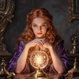 an attractive wizard female sitting at a desk pondering her orb