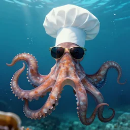 cephalopod with a chef hat and sunglasses, under water, 8 k, art station, annie liebovitz, roger deakins