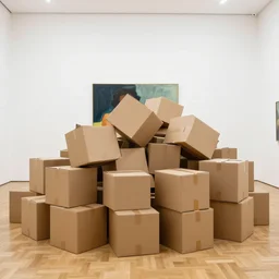 a giant pile of cardboard boxes in a white gallery room with a parquet floor, the room has a single painting by anthony copely behind the giant pile of cardboard boxes, a pile of cardboard boxes filling the entire room, interior photograph