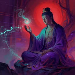 mysterious bodhisattva doing magic, looking at a timeline, red teal purple, digital art by carne griffiths
