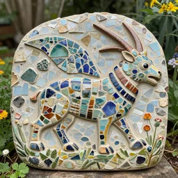 mosaic sculpture of a alebrije chimera!!!, irregularly shaped mosaic tiles, hand glazed pottery shards, in the style of folk art, in a cottagecore flower garden