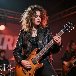 1 9 - year - old girl with shaggy, unkempt, permed hair, leather jacket, denim, headbanging, playing electric guitar, heavy rock concert, 2 0 2 2 live in concert, streaming 4 k quality