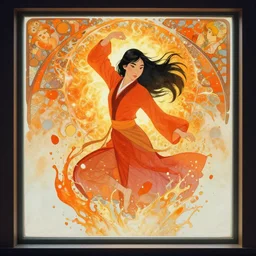 view through window, mulan, orange, splash aura in motion, floating pieces, painted art by tsuyoshi nagano, greg rutkowski, artgerm, alphonse mucha, spike painting
