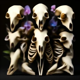 composition of human skulls, animals skulls, bones, rib-cage and orchids, bioluminiscent, by Tooth Wu and wlop and beeple. octane render, trending on artstation, greg rutkowski very coherent symmetrical artwork. cinematic, hyper realism, high detail, octane render, 8k