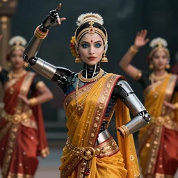 a stunning ultra detailed fantasy fine art portrait photo of a robot from ex machina movie dressed as an indian classical dancer, by tom bagshaw, wlop and natalie shau, 2 4 mm lens, golden ratio composition, deep depth of field, perfect eyes and face, cyberpunk, soft lighting, artstation, 8 k
