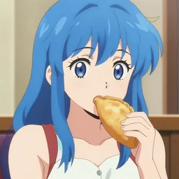 anime girl with blue hair eating an empanada, anime style drawing