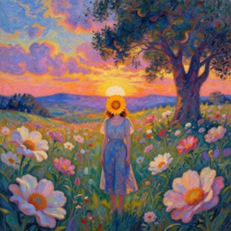 girl with a flower face, surreal photography, dream, standing in field with giant flowers, hills, big trees, sunrise dramatic light, impressionist painting, colorful clouds, digital painting, pointillism, artstation, simon stalenhag, flower face