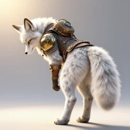 anthropomorphic lynx fursona bowing, standing with her back, wearing steampunk suit with lynx head, tail, paws, no boots, by tanidareal, irakli nadar, view from behind, intricate linework, unreal engine, photorealistic 3 d render, furry art, furaffinity, bright sun backlight, white fur, golden hour