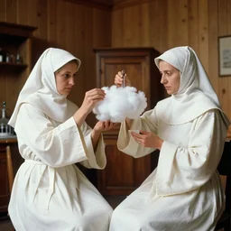 realistic photo of a two medieval female monks scientists wearing white cotton robes, doing an experiment with a cloud, living room interior is made of wood 1 9 9 0, life magazine reportage photo, natural colors