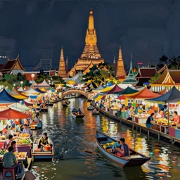 detailed painting of Thai river night market, Bangkok, comic style, deep strokes, high quality