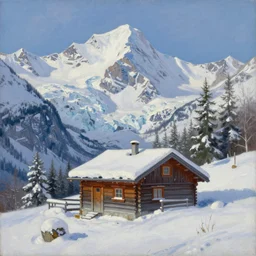 mountain cabin snow, glacier,! dream pingernickerninkerpicken the one and only beautiful painting, oil on canvas, by ewa czarniecka, award winning masterpiece,