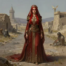 a full body portrait of a beautiful post apocalyptic offworld sorcerer ’ s district bedouin blind pulp fiction scarlet wild rogue barbarian leper begging by the roadside, intricate, elegant, highly detailed, digital painting, artstation, concept art, smooth, sharp focus, illustration, art by krenz cushart and artem demura and alphonse mucha