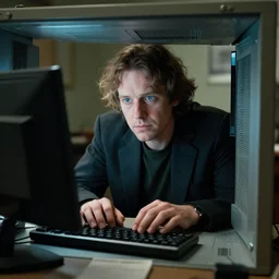 photograph of ted kaczynski stuck inside a computer, photorealistic, detailed, 8 k,