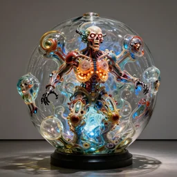 a perfect colour horrifying photograph of an explosive human in a murano glass sphere designed in an ultra bombastic manner. the many bulbous chambers are pulsing and glowing. the human is dismantled into 4 pieces. perfect focus, studio lighting, gallery setting