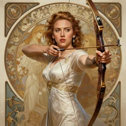 Scarlett Johansson as a archer, cute, fantasy, intricate, elegant, highly detailed, centered, digital painting, artstation, concept art, smooth, sharp focus, illustration, art by artgerm and H R Giger and alphonse mucha