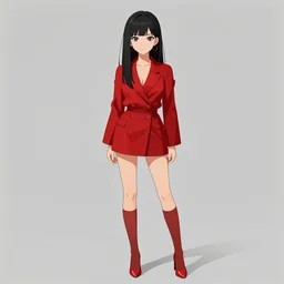anime girl with a detailed face and black hair in a red outfit under an empty space, full body, trending, illustration