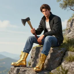 A man wearing a black Jacket, white shirt, blue jeans and golden boots sits on a cliff holding an axe, hyperdetailed, artstation, cgsociety, 8k