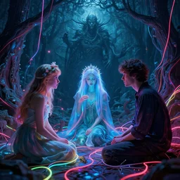 tooth fairy ritual, neon, they are watching, RGB, glowing wires everywhere, pristine, by Edgar Maxence and Ross Tran, Zdzisław Beksiński, and Michael Whelan, distant, gustav dore, H.R. Giger, 8k, octane render