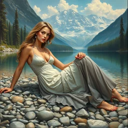 a painting of a beautiful woman wearing a sexy dress lying on pebbles by a beautiful lake in a virgin forest with snowy mountains in the background, in the style of rosa bonheur, amazing detail, realistic, award winning