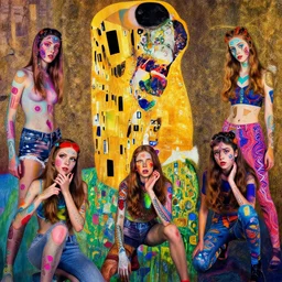 rebellious teens making trouble, psychedelic, patterned skin, trending on artstation, photorealism, vibrant colors, digital art, in the style of harumi hironaka, gustav klimt, egon schiele, coby whitmore, david bates, monet, lisa frank, picasso.