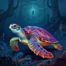 painting of sea turtle, neon, RGB, glowing wires everywhere, by Edgar Maxence and Ross Tran, Zdzisław Beksiński, and Michael Whelan, distant, gustav dore, H.R. Giger, 8k, octane render