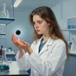 an oil portrait painting of a beautiful young female scientist in a laboratory looking at a small black hole in her hand, by jakub rozalski, elegant, sharp focus, morandi color scheme, illustration, high quality, highly detailed, long hair, digital art, science fiction art style, art station
