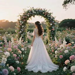 analog photograph of beautiful bride from the back wearing a long flowing wedding dress in stunning flower garden with an archway at sunset by mark owen. pastel colours bokeh. cinematic. hq. detailed. contrast. cinestill 8 0 0 t