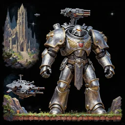 stylistic vray 3 d render of sidescrolling shooter robotech warhammer, silver ornate armor warrior, macross spaceship with lots of tiny guns, mountains and giant gothic abbeys, hyperrealism, fine detail, 8 k, artsation contest winner, cgsociety, fantasy art, cryengine, brush strokes, oil, canvas, gaudy colors on black background by mandy jurgens and michael whelan