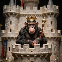 deep depth of field mild by vanessa beecroft. a performance art that features a chimpanzee surrounded by a castle turret. the chimp is shown wearing a crown & holding a scepter, & the castle is adorned with banners.