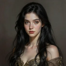 Abigail Spencer with long black hair, fantasy, portrait, sharp focus, intricate, elegant, digital painting, artstation, matte, highly detailed, concept art, illustration, ambient lighting, art by ilya kuvshinov, artgerm, and Greg Rutkowski