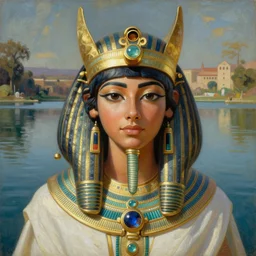 painting of Egyptian Mother Nature in a lake, inspired by Gustav Moreau and Wayne Barlowe, exquisite detail, hyper realism, ornate, exquisite detail, cute face