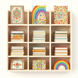 sixties inspired library catalogue, hippy, floral, rainbow, books