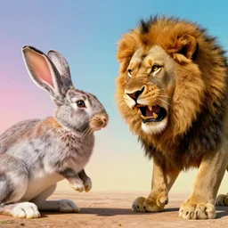 rabbit and lion fight fiercely with anger in their eyes, wide angle lens, octane rendering, in the style andy warhol, 8 k,