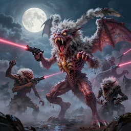 concept art of gargoyle attack, lovecraftian, lots of teeth, melting horror, fluffy feathers, round moon, rich clouds, fighting the horrors of the unknown with laser guns, high resolution, very detailed, colorful, roaring, volumetric light, mist