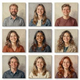 group portraits, groups of happy humans, detailed flow of square beautiful paintings, text morphing into objects, highly detailed, super realistic, perfect lighting pixel sorting, style sheet
