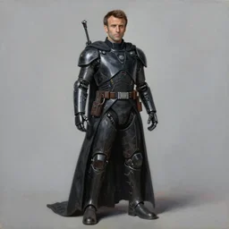 full body painting of Emmanuel Macron as dark consulate in Star Wars, mechanical, sharp focus, magic realism, trending on ArtStation, masterpiece, by Greg Rutkowski, Ross Tran, octane, soft render, oil on canvas, moody lighting, clean background